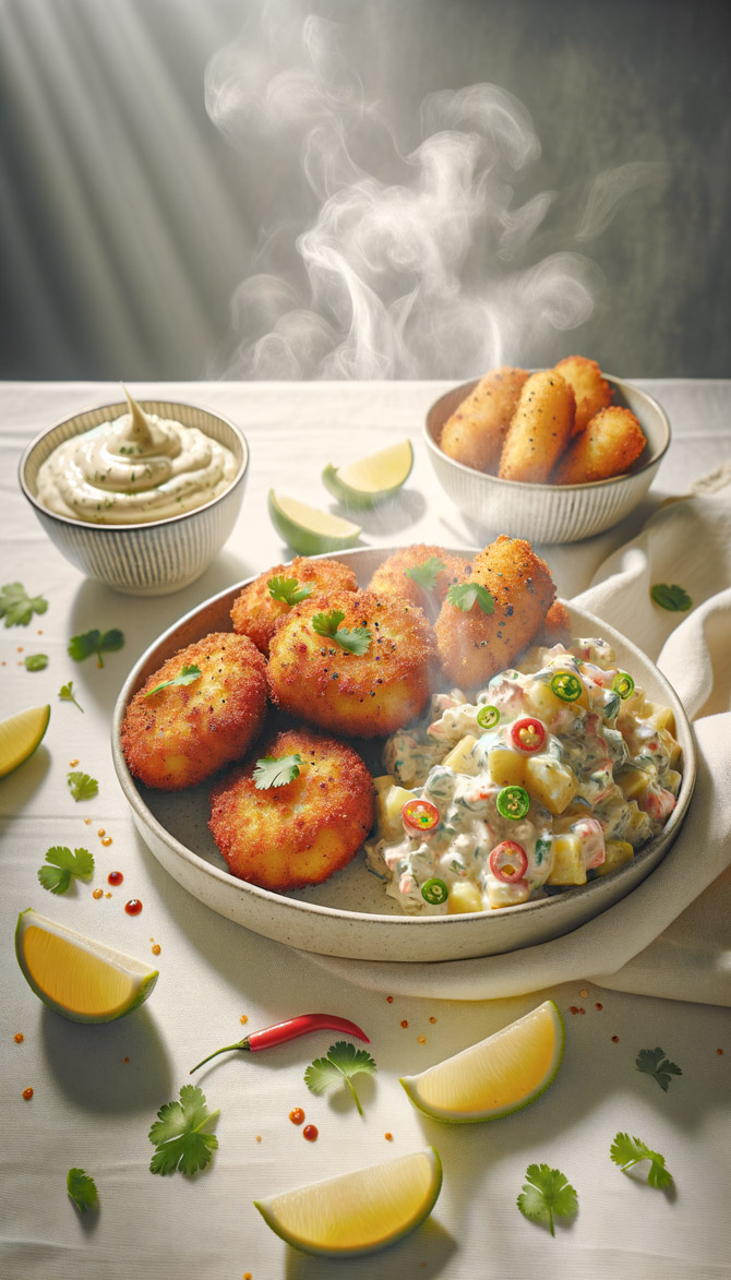Recipe picture of Indo-German Fish Fritters with Spicy Potato Salad