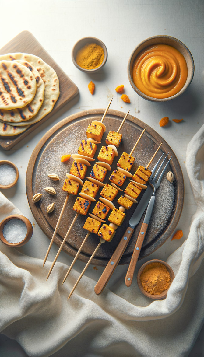 Recipe picture of Wattleseed Tofu Satay Skewers with Butternut Squash Roti